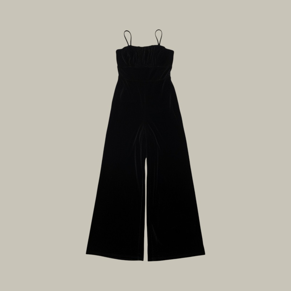 Witchy Black Velvet Spaghetti Strap Jumpsuit Wide Leg Ruched Bodice Gothic  XL